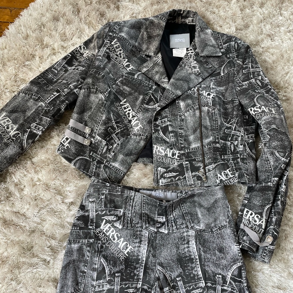 Versace grey Denim print coord trousers and jacket